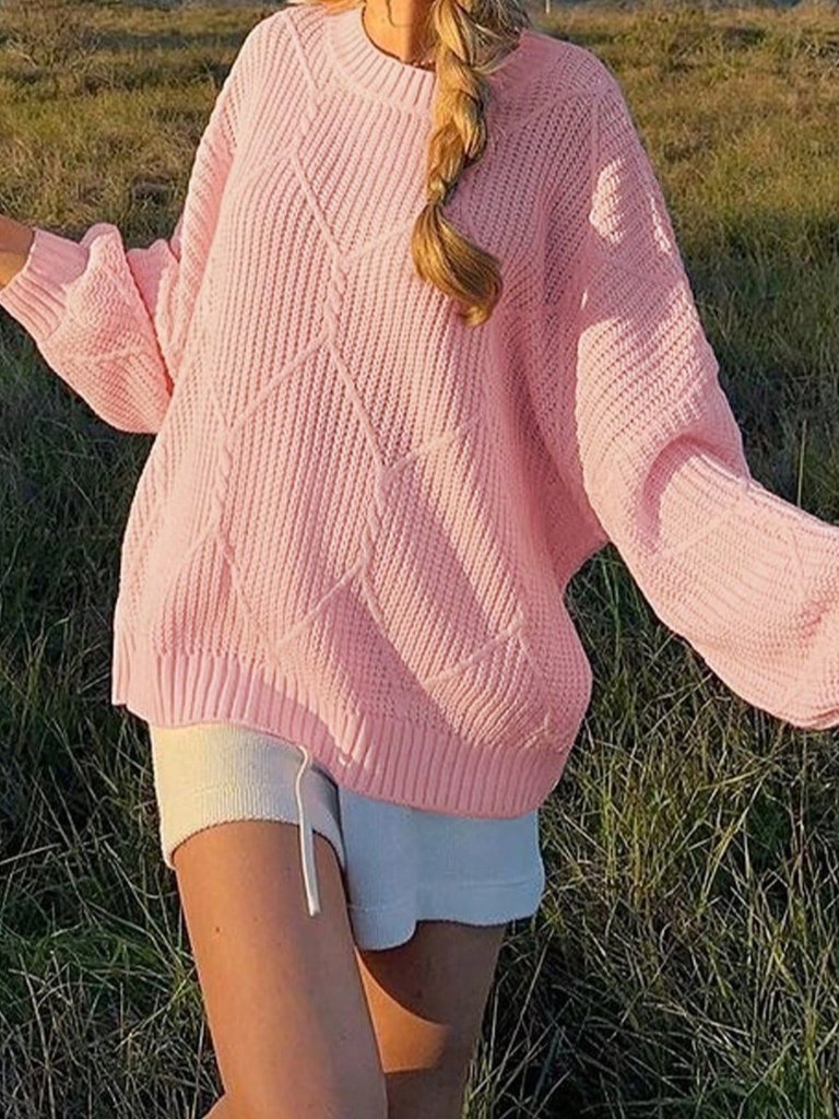 Pink Casual Women's Loose Long Sleeve Thick Round Neck Knit Pullover Sweater